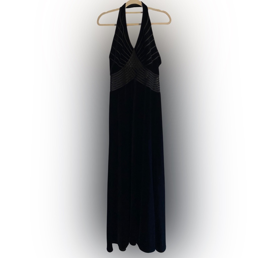 Vintage 90s Tadashi Shoji Velvet Mesh Halter Maxi Dress Black Size UK Medium